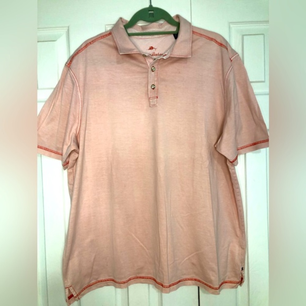Tommy Bahama pink short sleeve polo shirt with red stitching men's size‎ XL